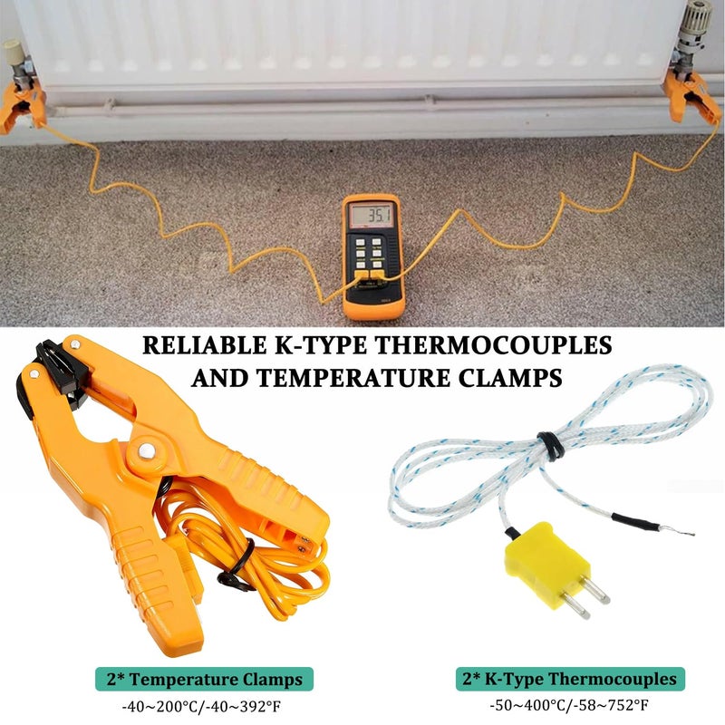 Drphiru K Type Thermocouple Thermometer Dual Channels Thermocouple Tester (-58~2372°F) High Accuracy Temperature Kelvin Scale Meter with 2X Temperature Clamp & 2X Pipe Thermocouple Probes - Image 5